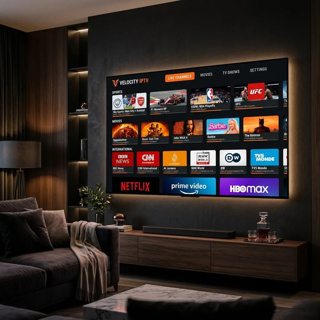 Smartiflix IPTV 4K channel grid showing 34,000+ premium channels on a luxury smart TV